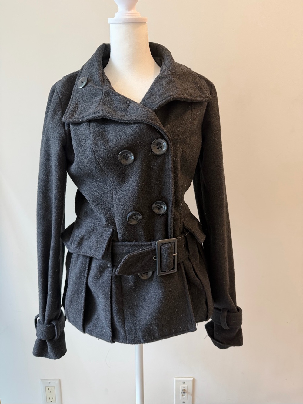 Womens Black Double-Breasted Wool Peacoat with Belt #y2k - Picture 2 of 5